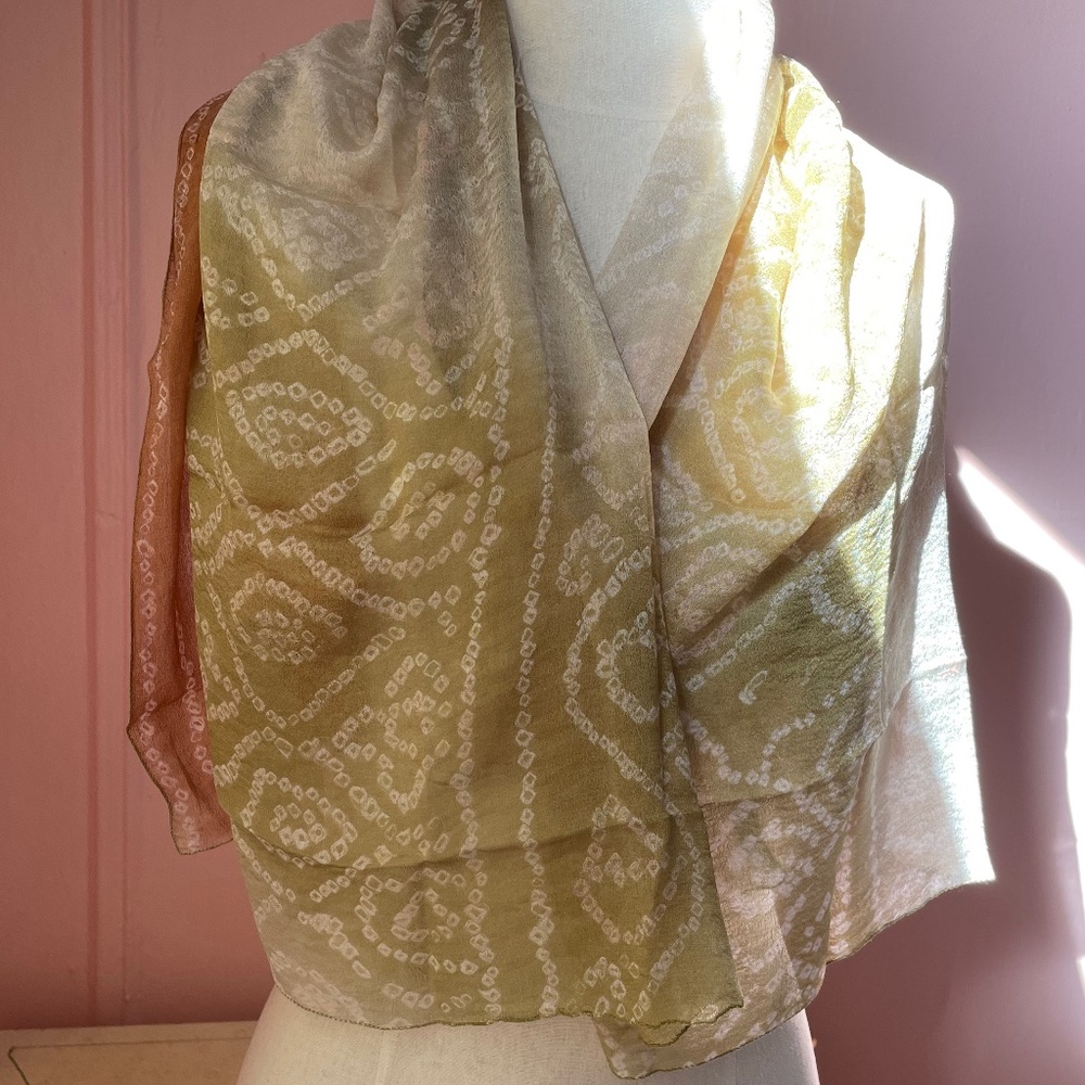 Handmade green/beige vintage silk scarf.